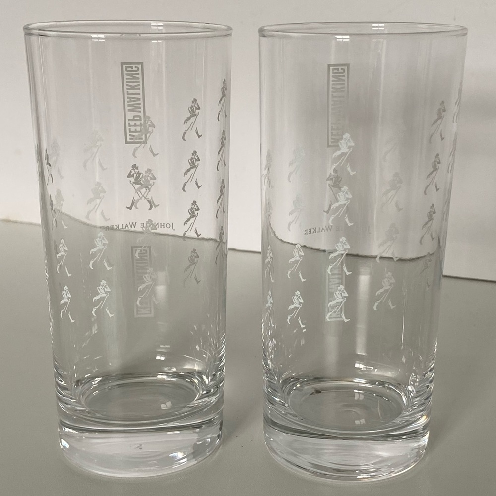 2 Johnnie Walker Tumblers Glasses 5.75” Tall “Keep On Walking” Clear Etched